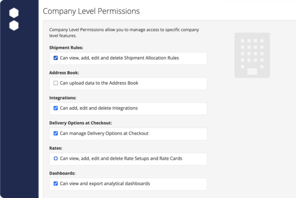 Screenshot of Scurri's delivery management platform that showcases company level permissions