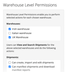 Warehouse level permissions of Scurri Delivery Management Platform