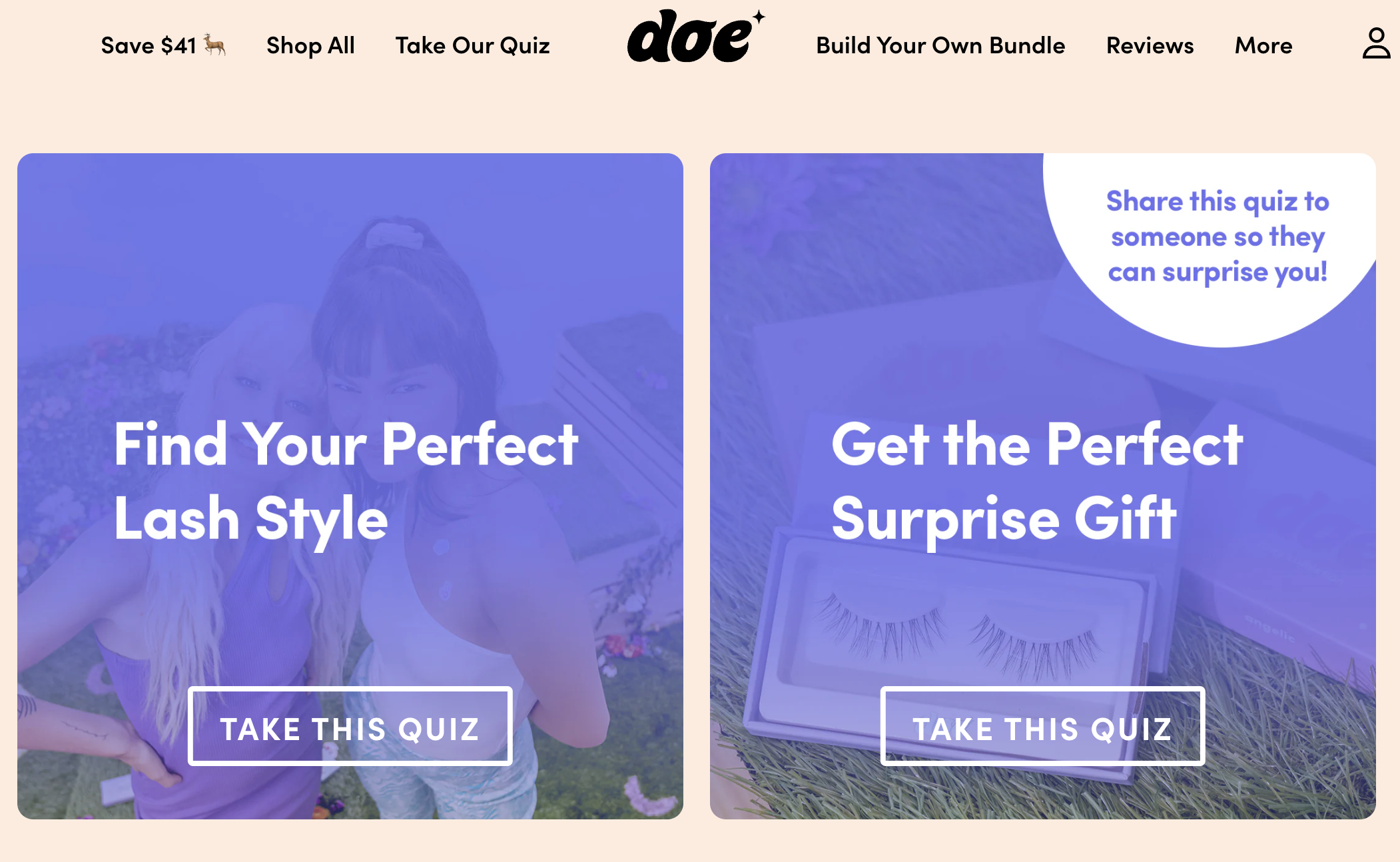 Doe Beauty lash quiz screenshot as marketing tactic