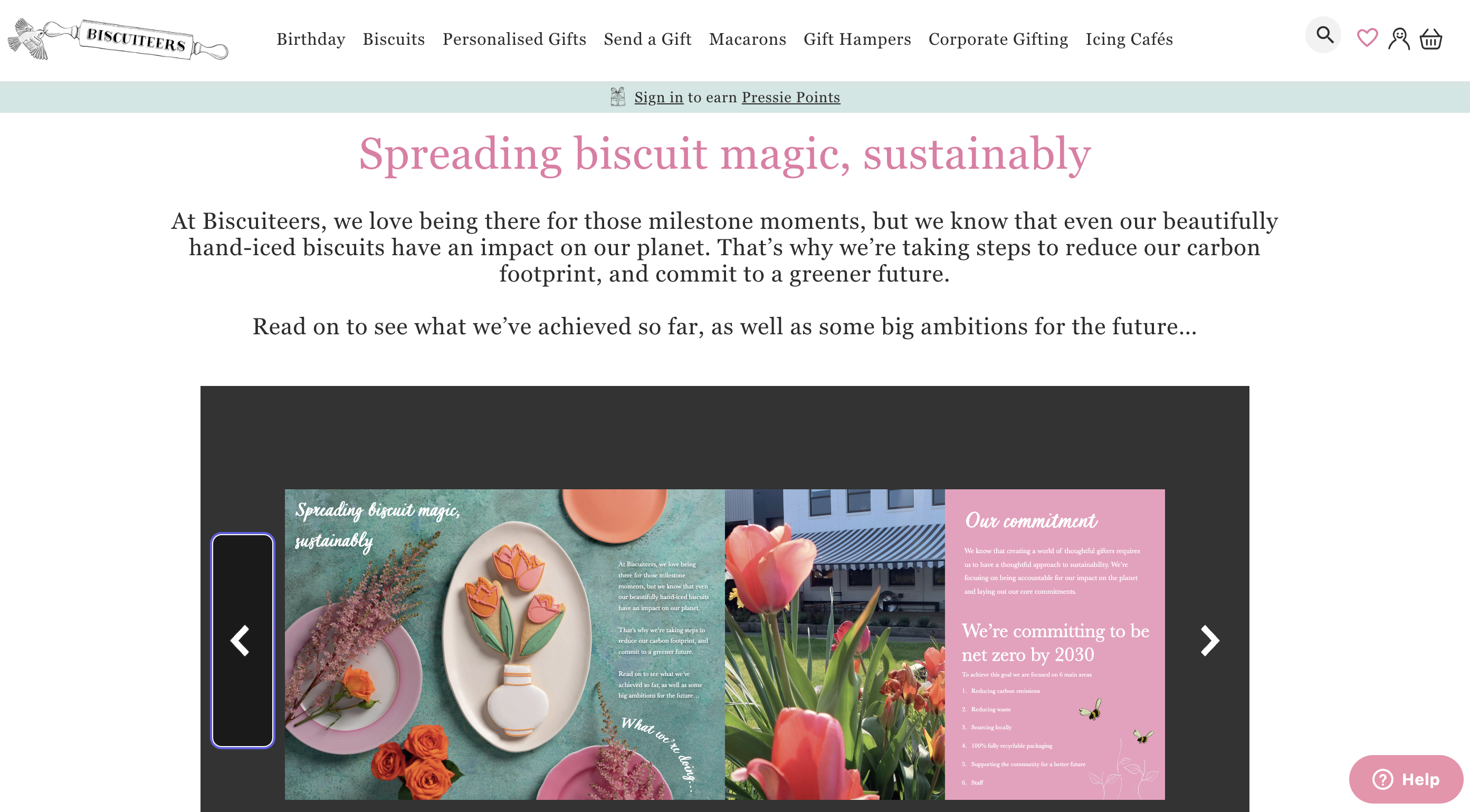 Sustainability page of Biscuiteers ecommerce website.